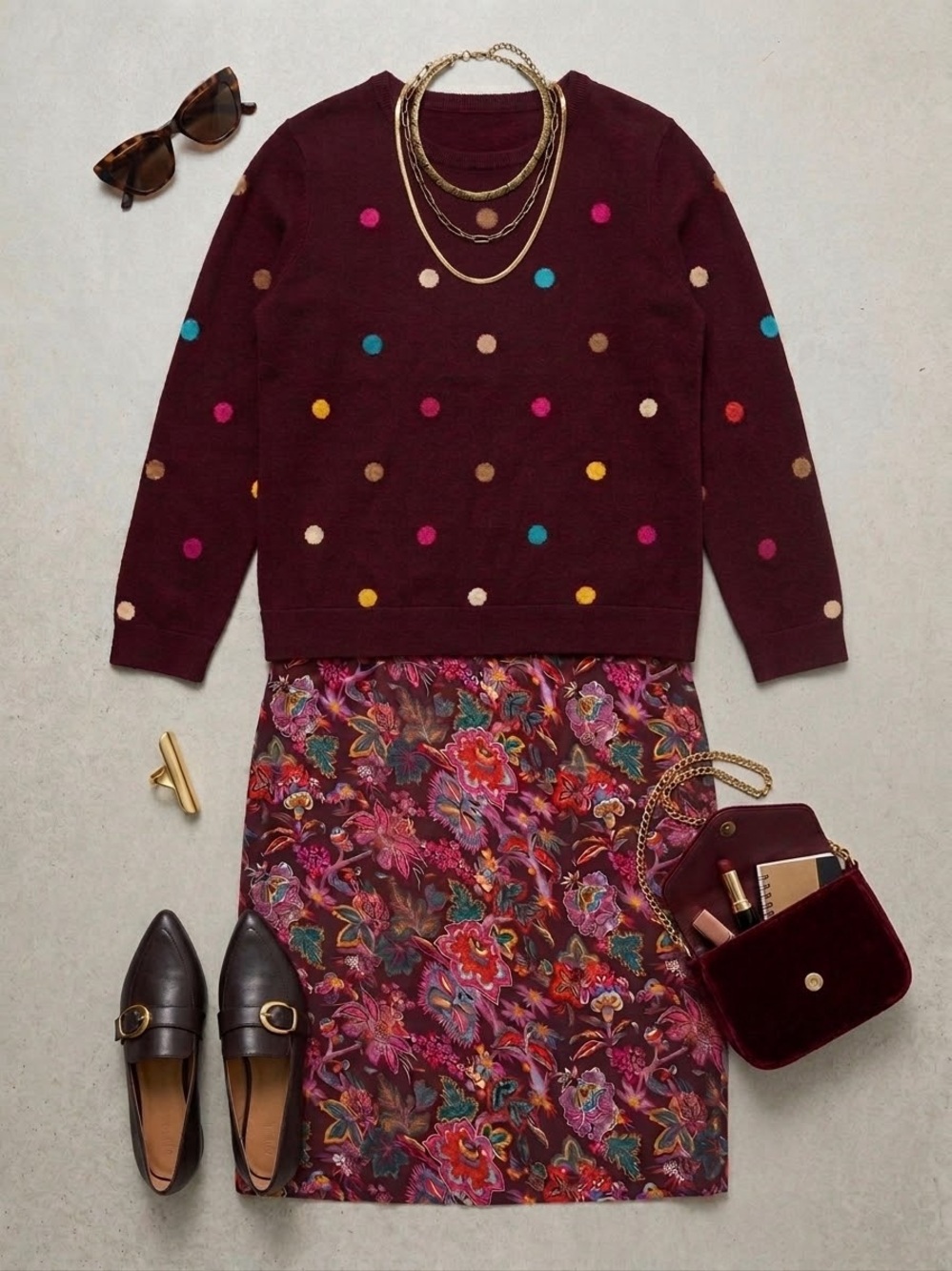 Oilily Burgundy Polka Dot Sweater & Floral Skirt Matching Set (Size Small-28in)